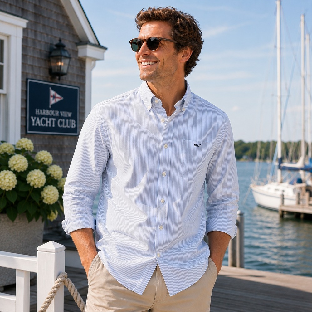 Vineyard Vines Mens Whale Shirt Sz M Blue White Stripe Cotton Button Down
